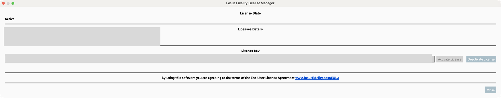 License Manager：狀態 Active、可 Deactivate 搬機（金鑰已遮蔽）