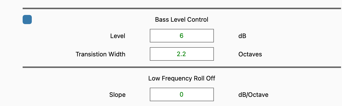 Bass Level Control：Harman 預設＝+6dB、過渡 2.2 octaves