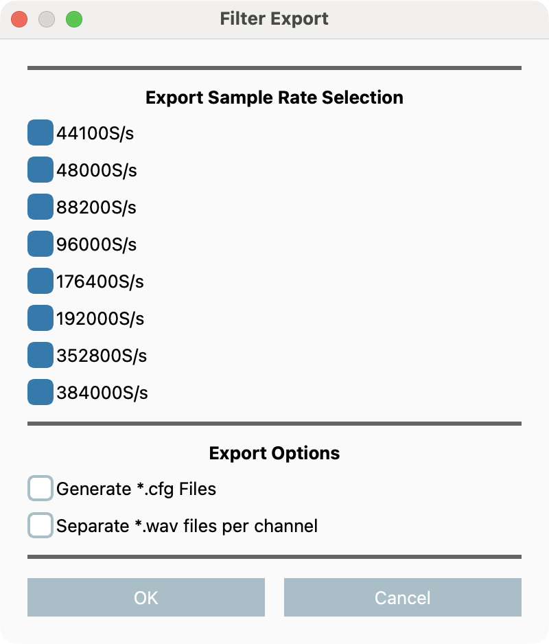 Filter Export：8 個取樣率預設全勾、cfg 與分檔選項預設不勾